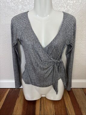 Gray Ribbed Wrap-Front Long Sleeve Top